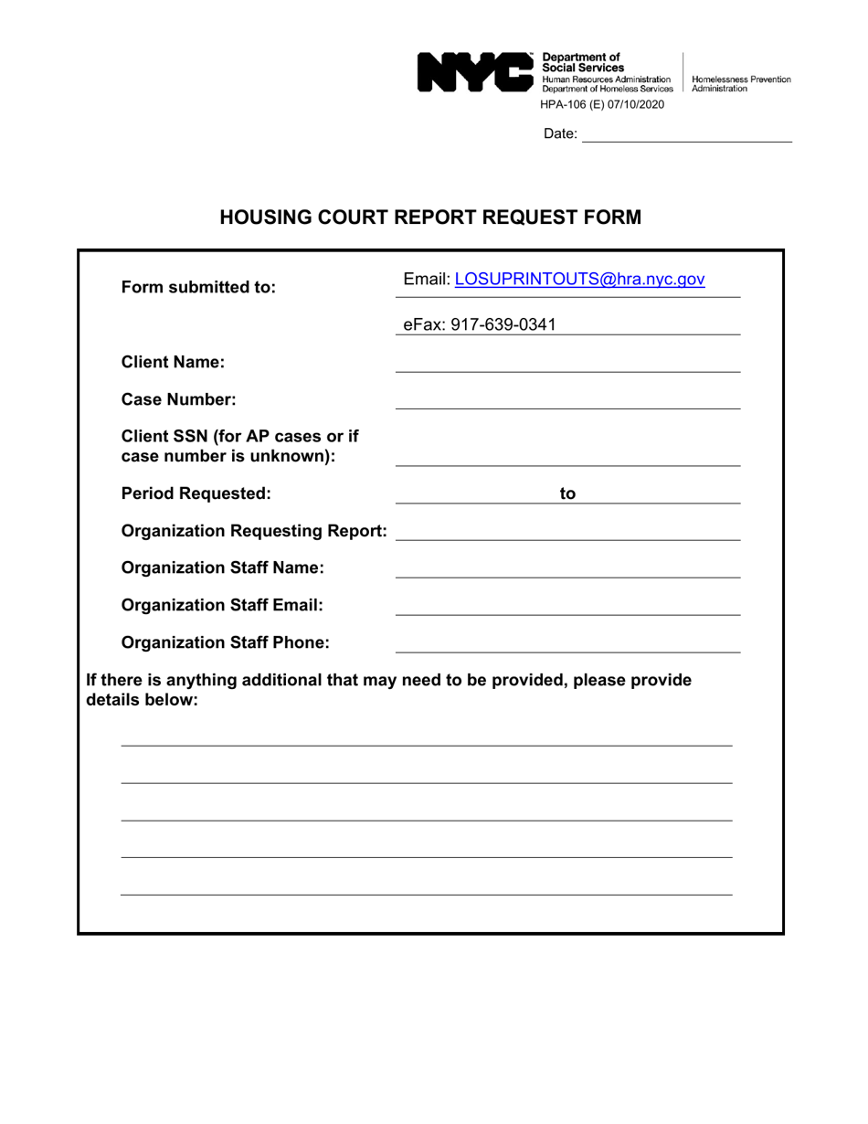 Form HPA-106 Housing Court Report Request Form - New York City, Page 1