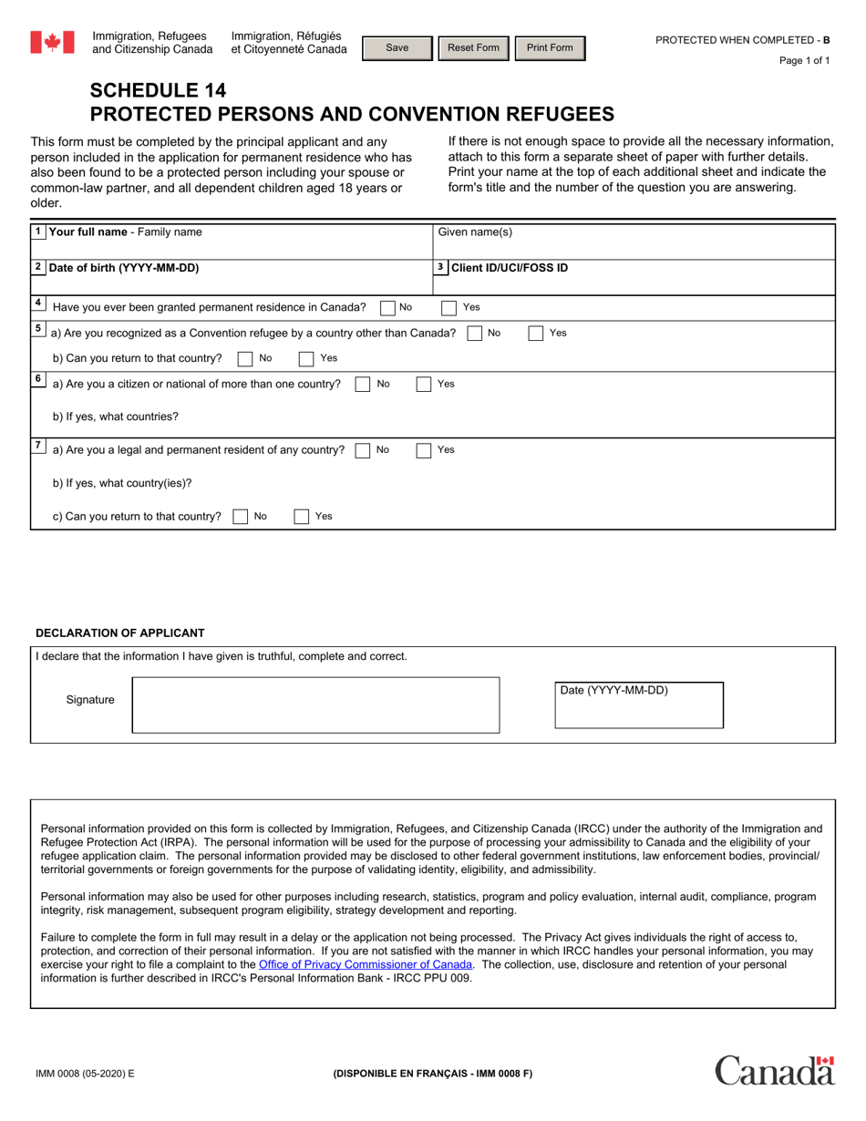 Form IMM0008 Schedule 14 Protected Persons and Convention Refugees - Canada, Page 1