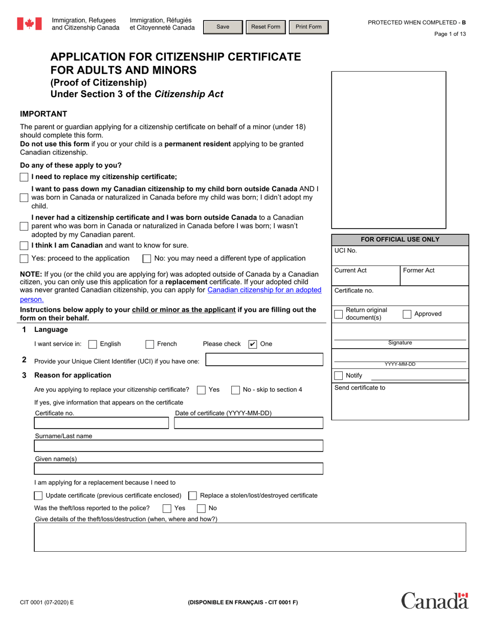 Form CIT0001 Application for a Citizenship Certificate - Canada, Page 1
