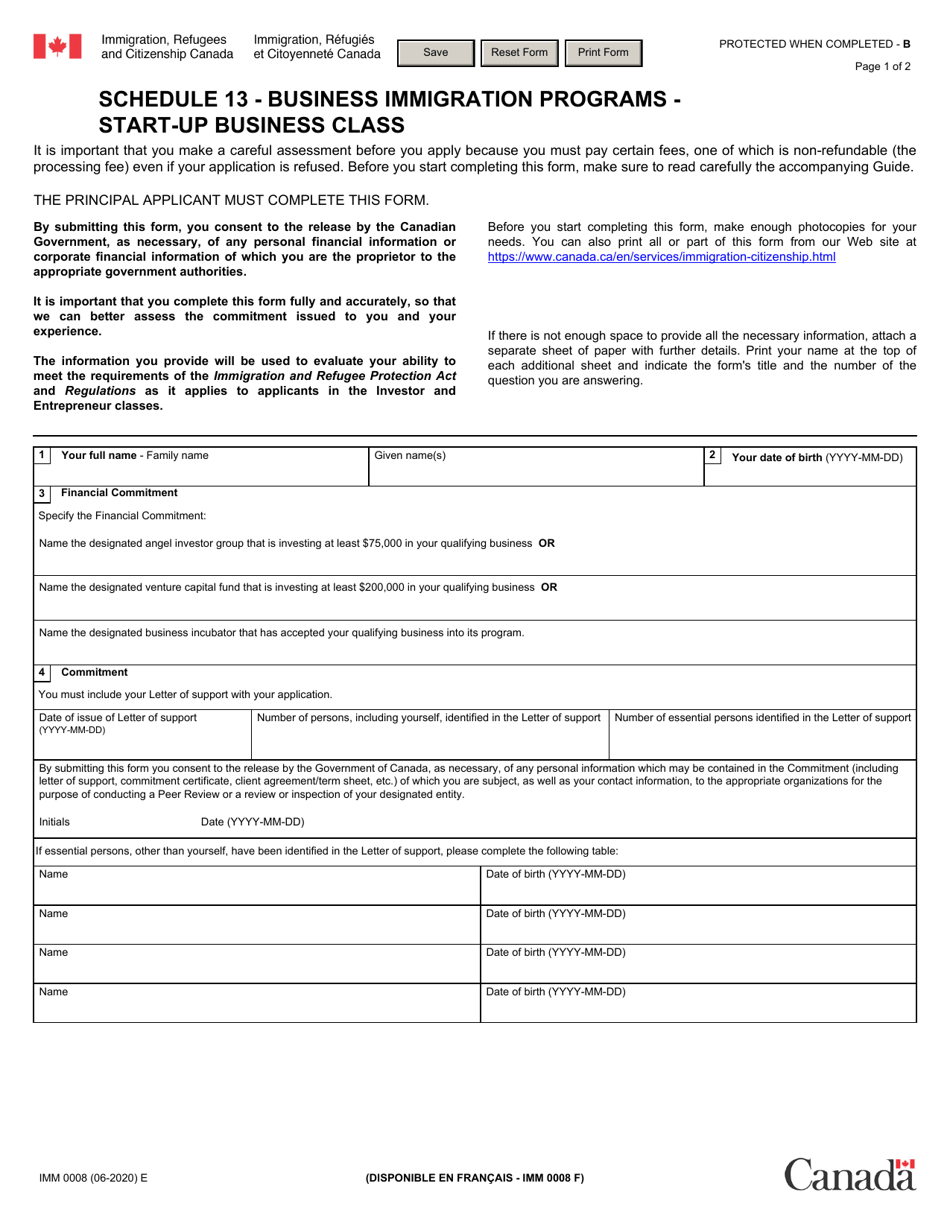 Form IMM0008 Schedule 13 Business Immigration Programs - Start up Business Class - Canada, Page 1