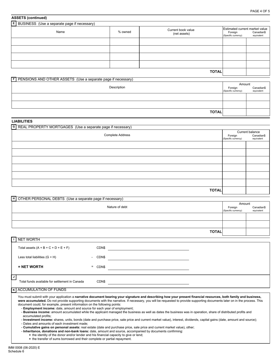 Form IMM0008 Schedule 6 Business Immigrants - Investors and Entrepreneurs Destined to Quebec - Canada, Page 4