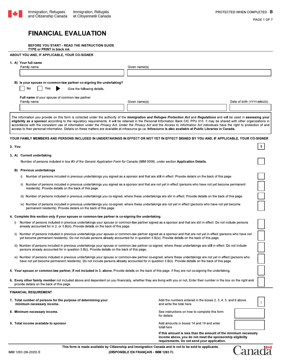 Form IMM1283 Financial Evaluation Form - Canada, Page 1