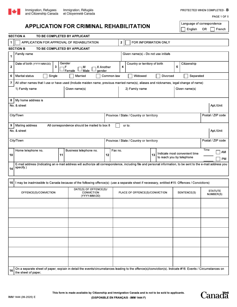 Form IMM1444 Application for Criminal Rehabilitation - Canada, Page 1