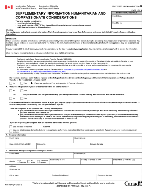 Form IMM5283 Supplementary Information - Humanitarian and Compassionate Considerations - Canada