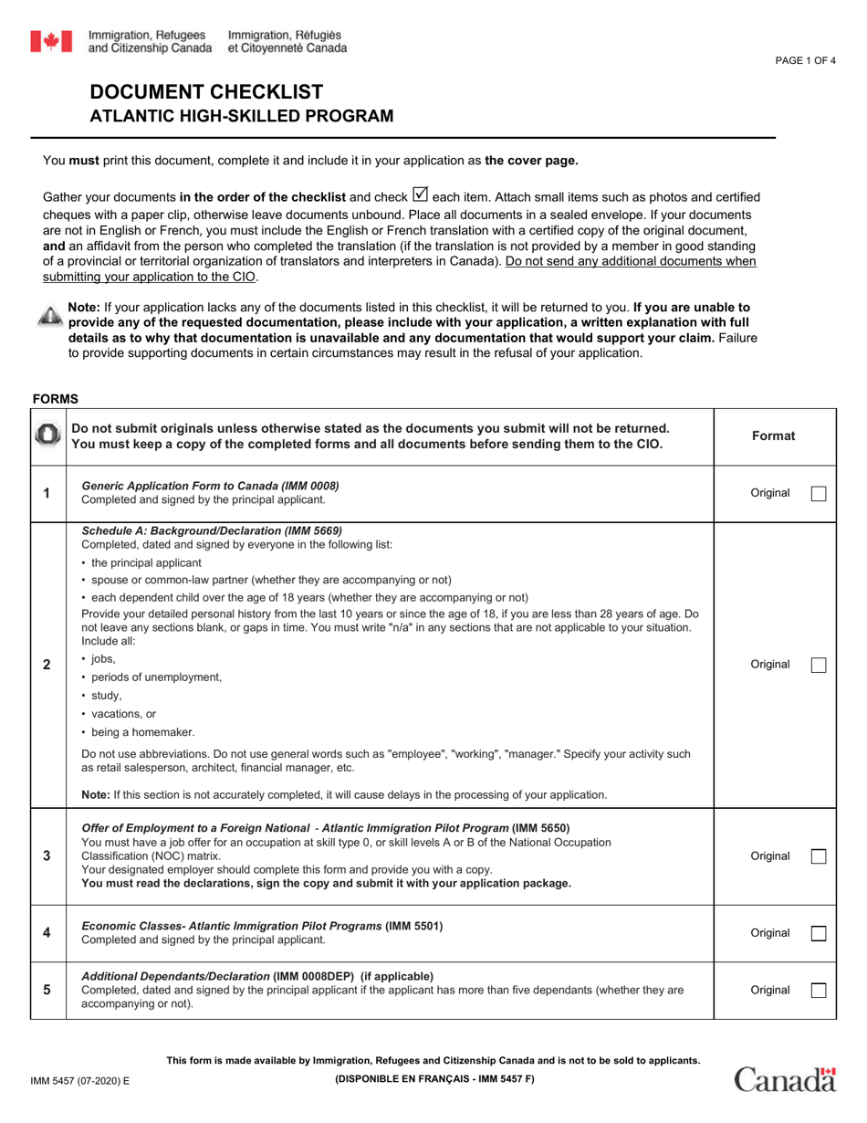 Form IMM5457 Document Checklist - Atlantic High-Skilled Program - Canada, Page 1