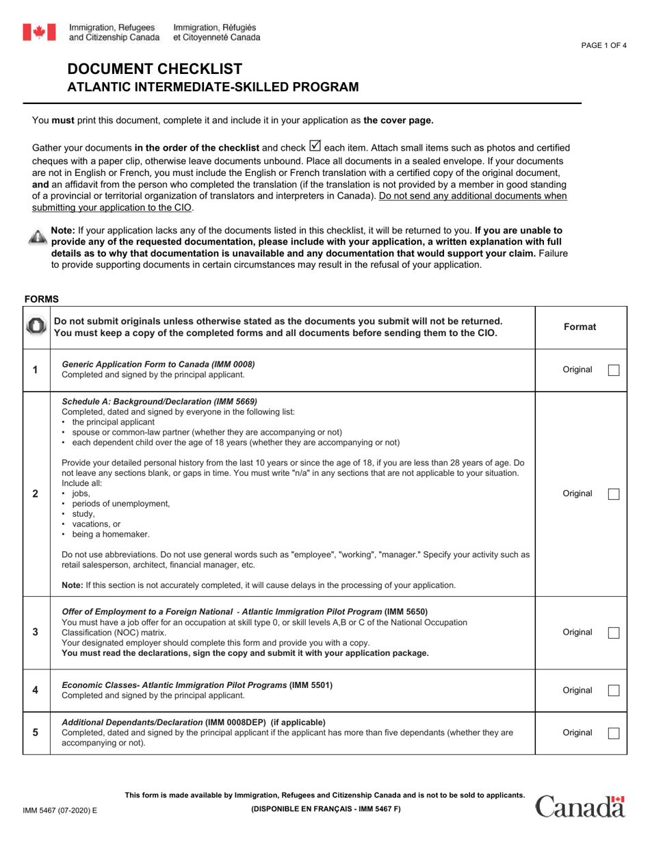 Form IMM5467 Document Checklist: Atlantic Intermediate-Skilled Program - Canada, Page 1