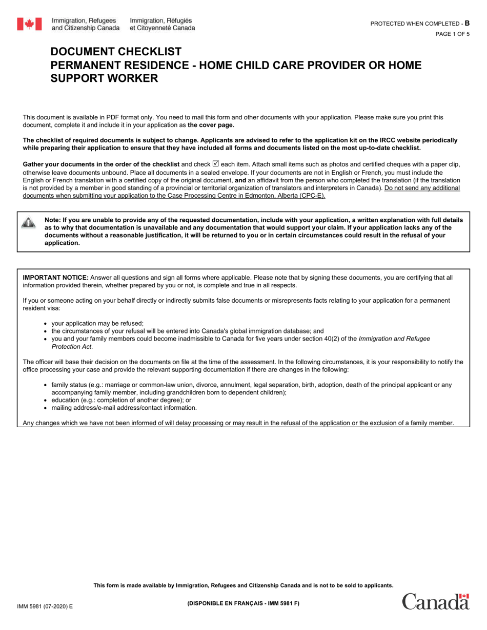 Form IMM5981 Document Checklist: Home Child Care Provider or Home Support Worker - Canada, Page 1