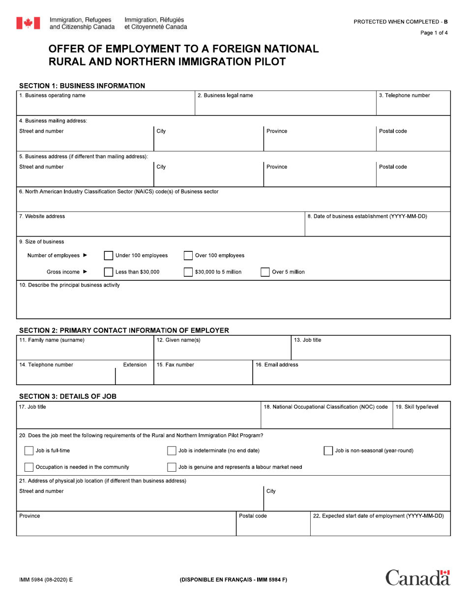 Form IMM5984 Offer of Employment to a Foreign National: Rural and Immigration Pilot - Canada, Page 1