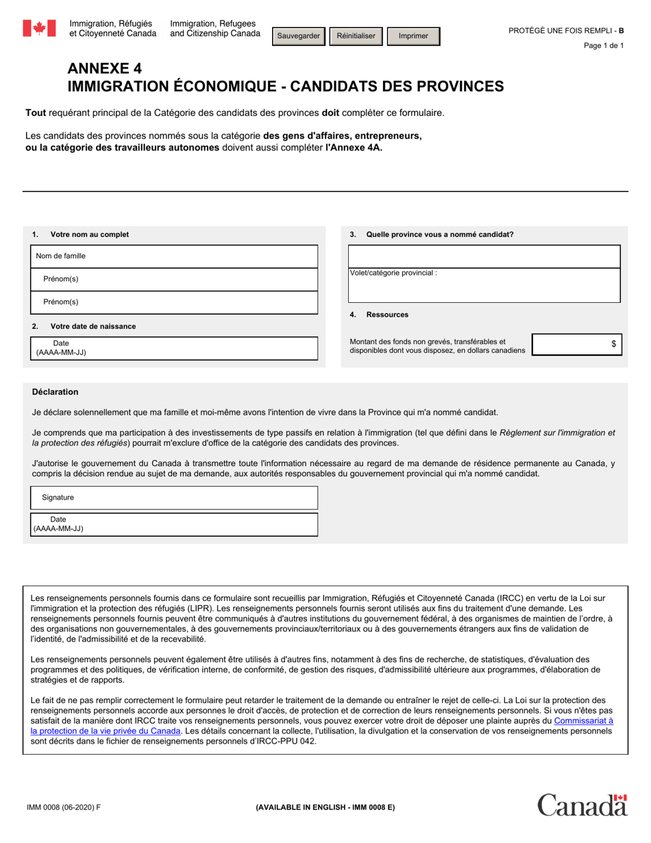 Forme IMM0008 Agenda 4 Immigration Economique - Candidats DES Provinces - Canada (French), Page 1