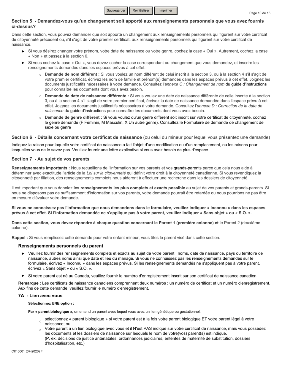 Forme CIT0001 Demande De Certificat De Citoyennete Pour Adultes Et Mineurs - Canada (French), Page 10