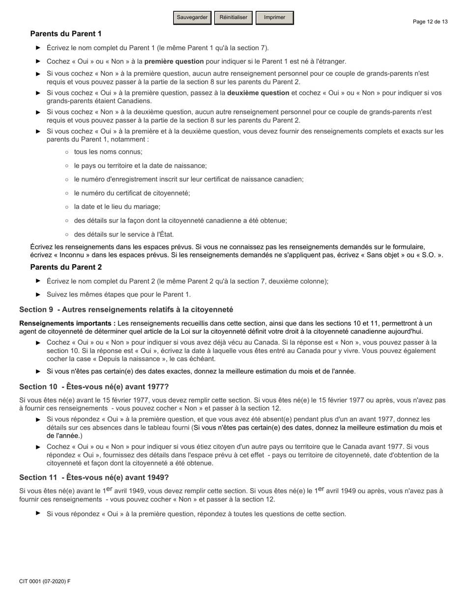Forme CIT0001 Demande De Certificat De Citoyennete Pour Adultes Et Mineurs - Canada (French), Page 12