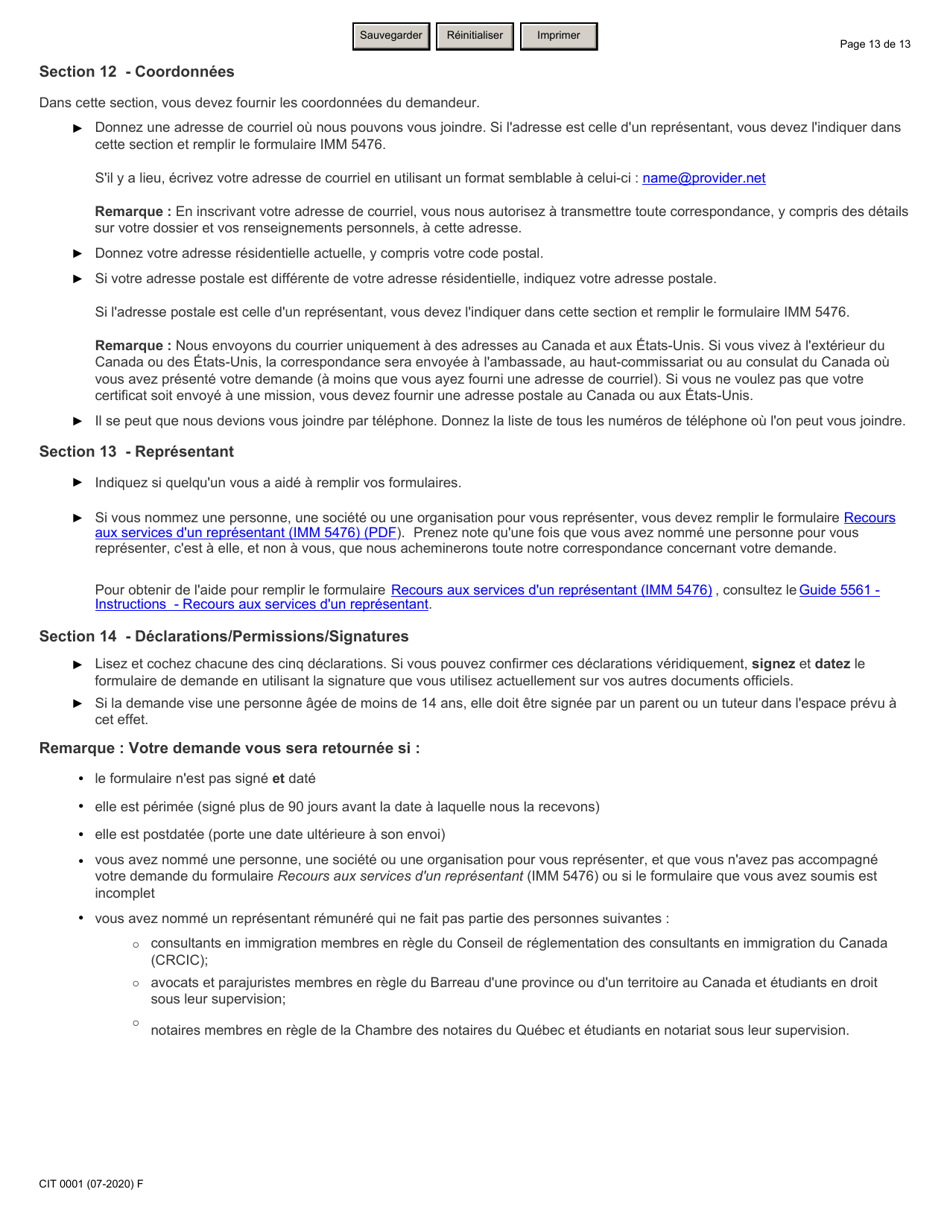 Forme CIT0001 Demande De Certificat De Citoyennete Pour Adultes Et Mineurs - Canada (French), Page 13