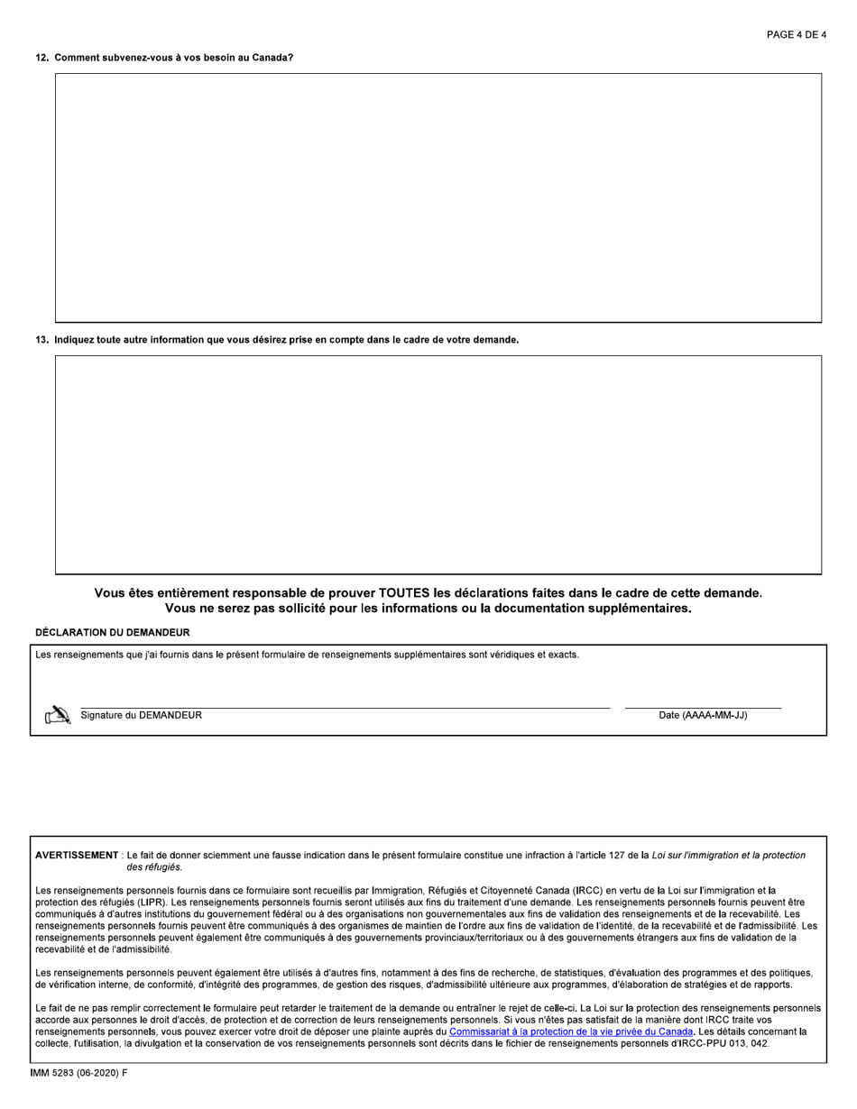 Forme IMM5283 Renseignements Supplementaires: Considerations Dordre Humanitaire - Canada (French), Page 4