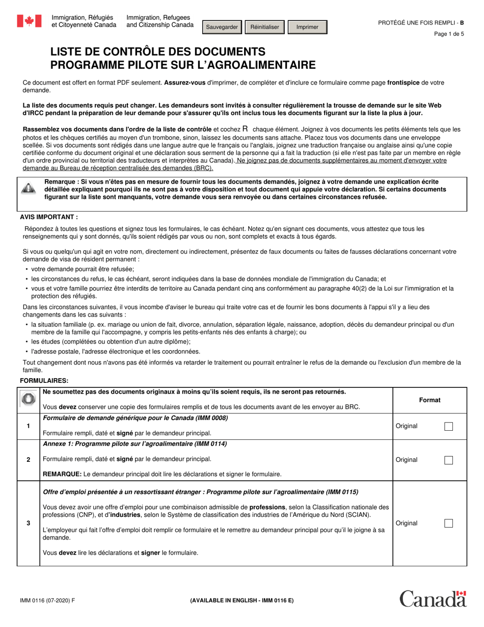 Forme IMM0116 Liste De Controle DES Documents Programme Pilote Sur Lagroalimentaire - Canada (French), Page 1