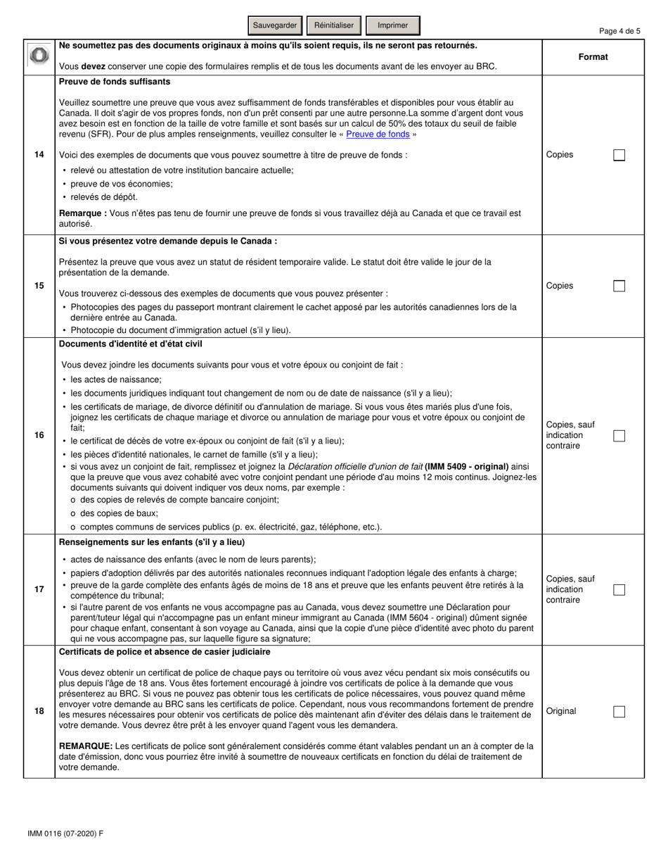 Forme IMM0116 Liste De Controle DES Documents Programme Pilote Sur Lagroalimentaire - Canada (French), Page 4