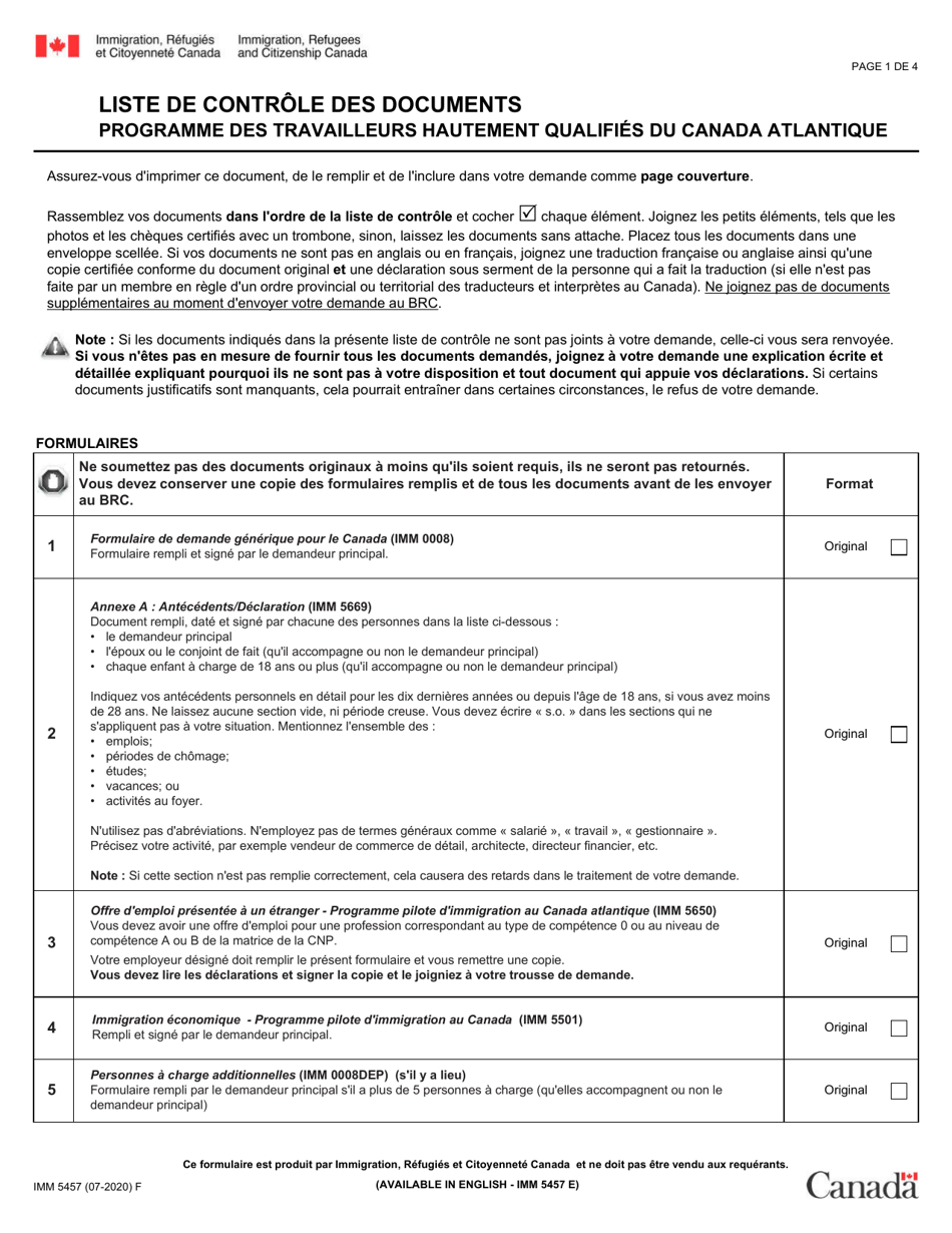 Forme IMM5457 Liste De Controle DES Documents - Programme DES Travailleurs Hautement Qualifie Du Canada Atlantique - Canada (French), Page 1