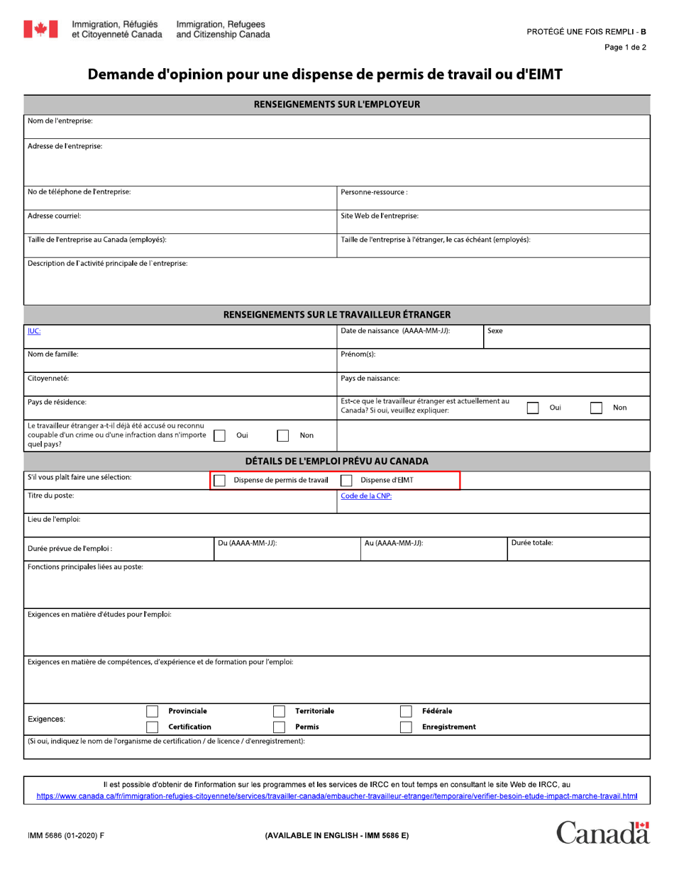 Forme IMM5686 Demande Dopinion Pour Une Dispense De Permis De Travail Ou Deimt - Canada (French), Page 1