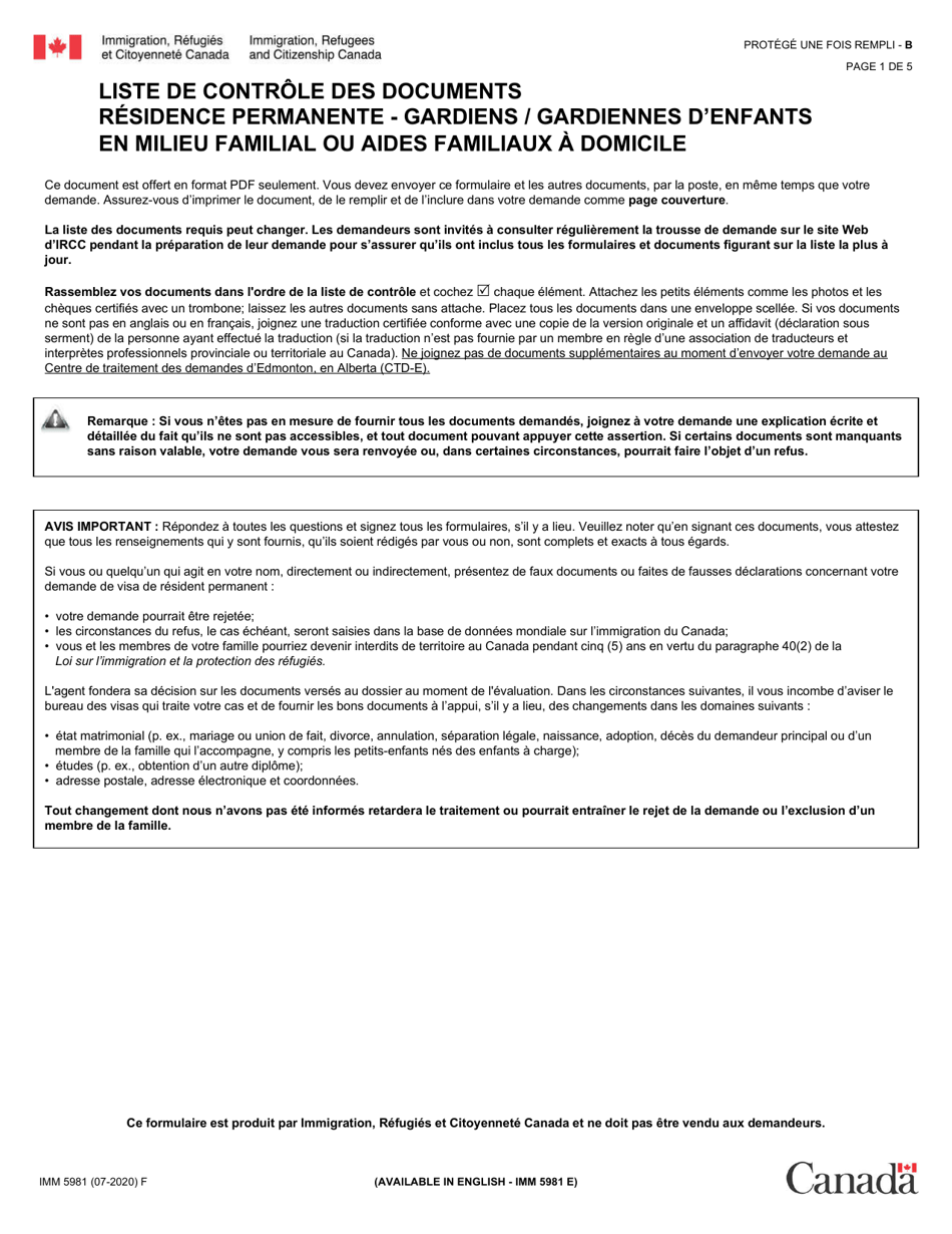 Forme IMM5981 Liste De Controle DES Documents: Gardiens / Gardiennes Denfants En Milieu Familial Et Aides Familiaux a Domicile - Canada (French), Page 1