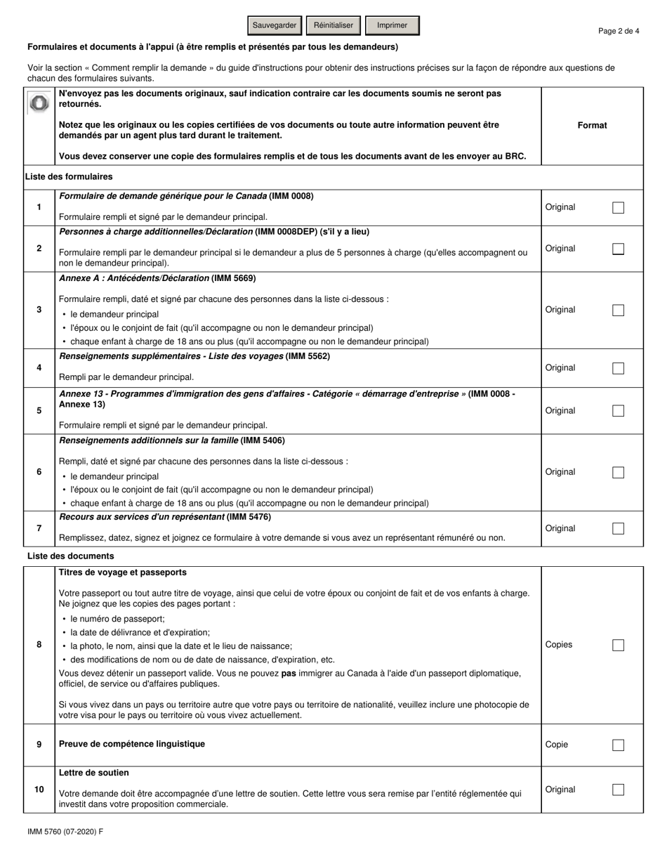 Forme IMM5760 Liste De Controle DES Documents: Categorie Demarrage Dentreprise - Canada (French), Page 2