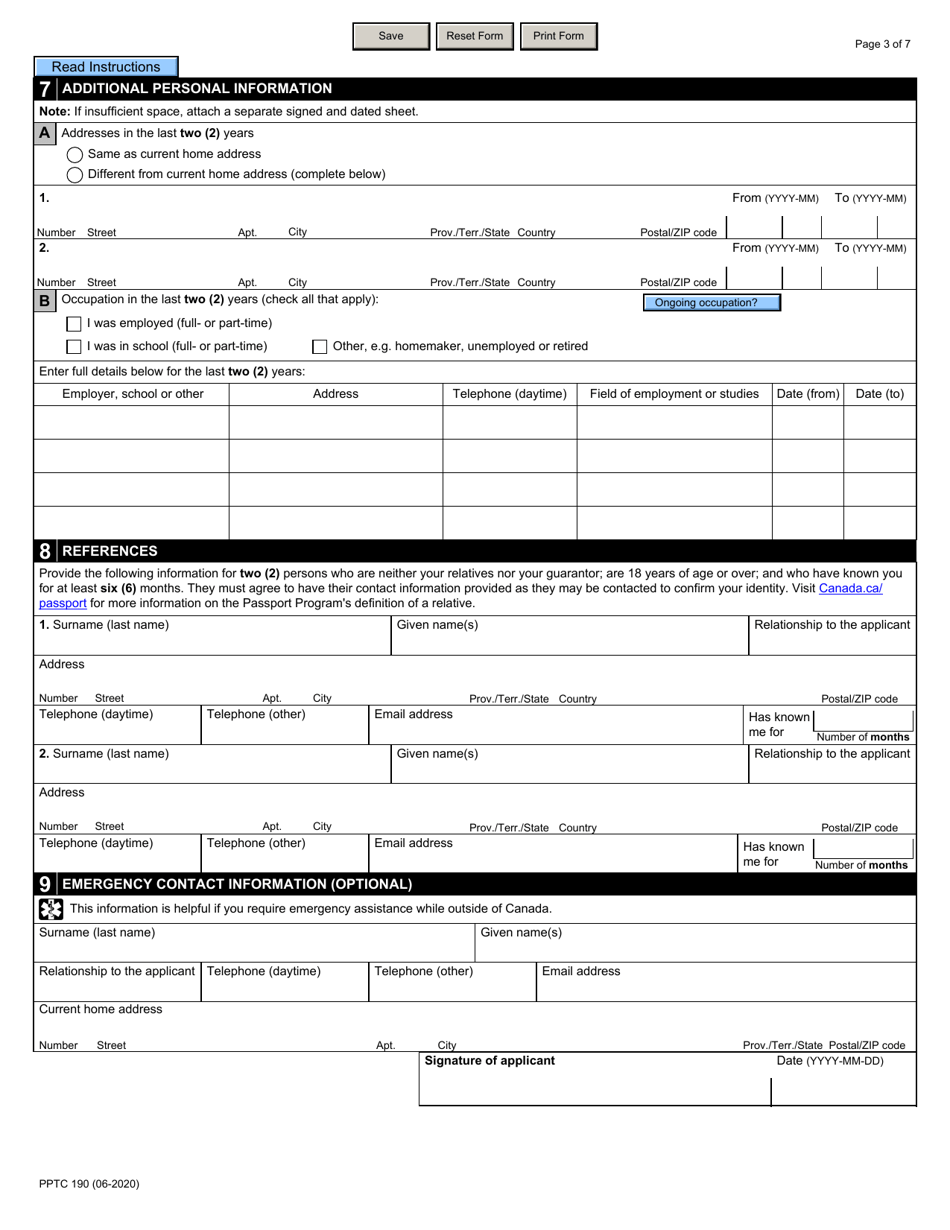 Form PPTC190 Adult Travel Document Application for Stateless and Protected Persons in Canada (16 Years of Age or Over) - Canada, Page 3