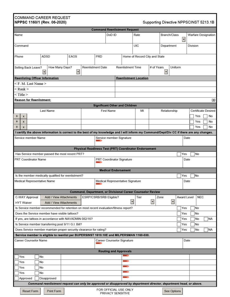 Form NPPSC1160 / 1 Command Career Request, Page 1