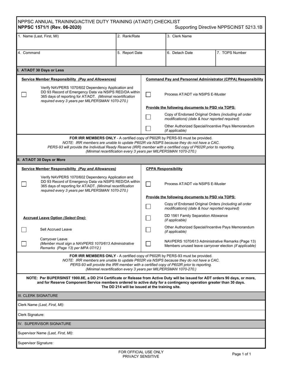 Form NPPSC1571 / 1 Nppsc Annual Training / Active Duty Training (At / Adt) Checklist, Page 1