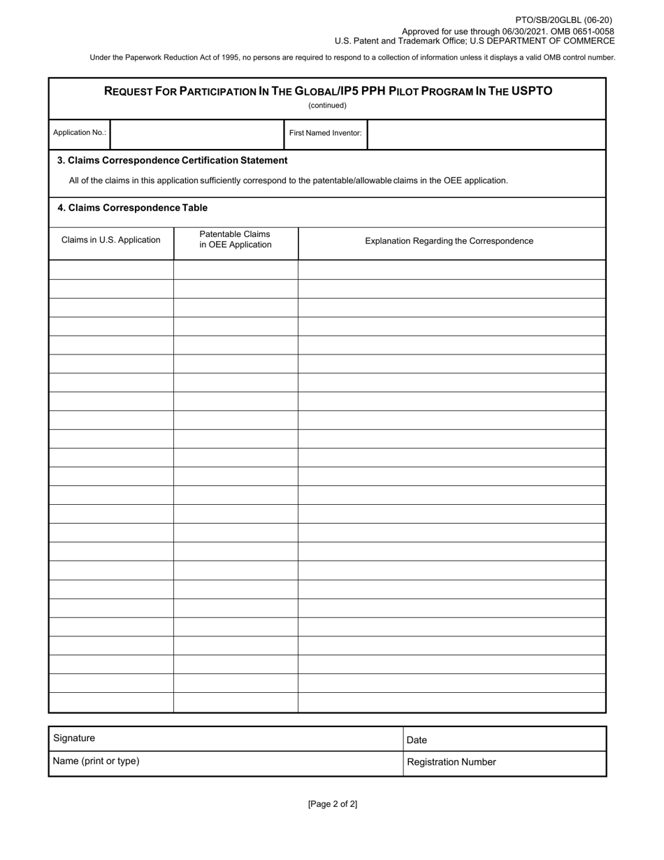 Form PTO / SB / 20GLBL Request for Participation in the Global / Ip5 Patent Prosecution Highway (Pph) Pilot Program in the Uspto, Page 2