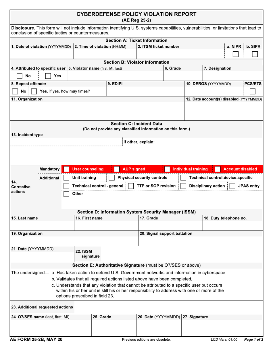 AE Form 25-2B Cyberdefense Policy Violation Report, Page 1
