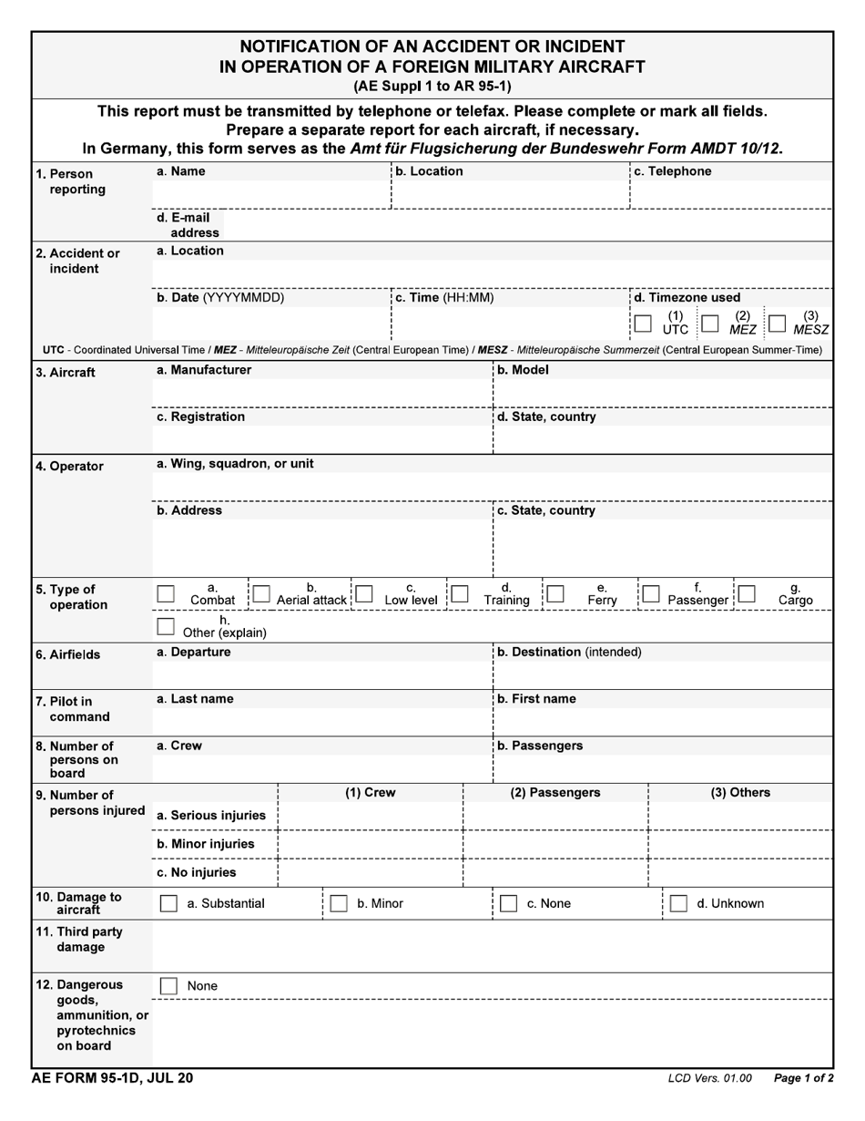 AE Form 95-1D Notification of an Accident or Incident in Operation of a Foreign Military Aircraft, Page 1