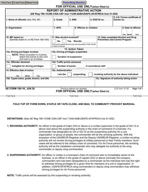 AE Form 190-1K Report of Administrative Action