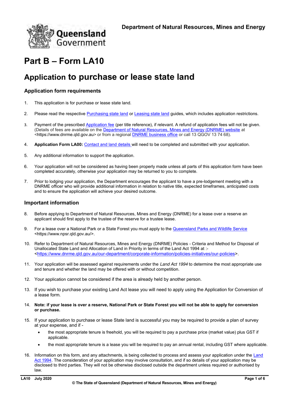 Form LA10 Part B Application to Purchase or Lease State Land - Queensland, Australia, Page 1