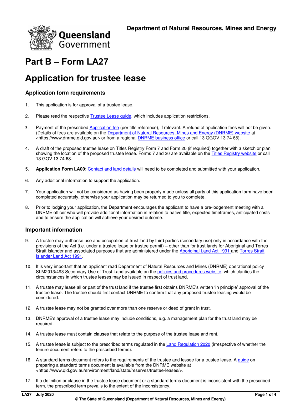 Form LA27 Part B Application for Trustee Lease - Queensland, Australia, Page 1