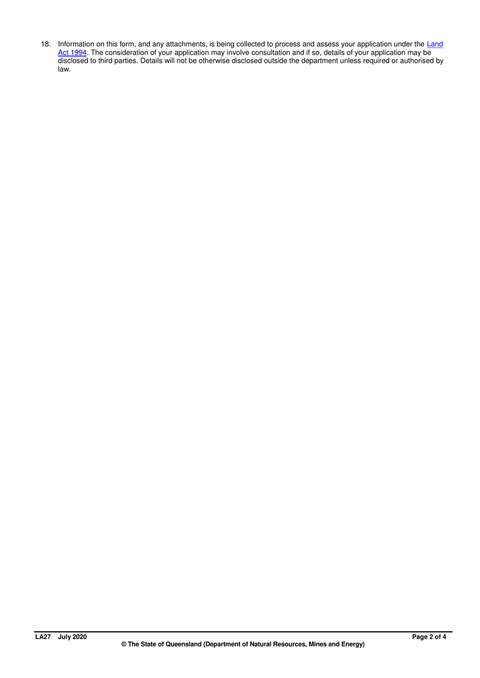 Form LA27 Part B Application for Trustee Lease - Queensland, Australia, Page 2