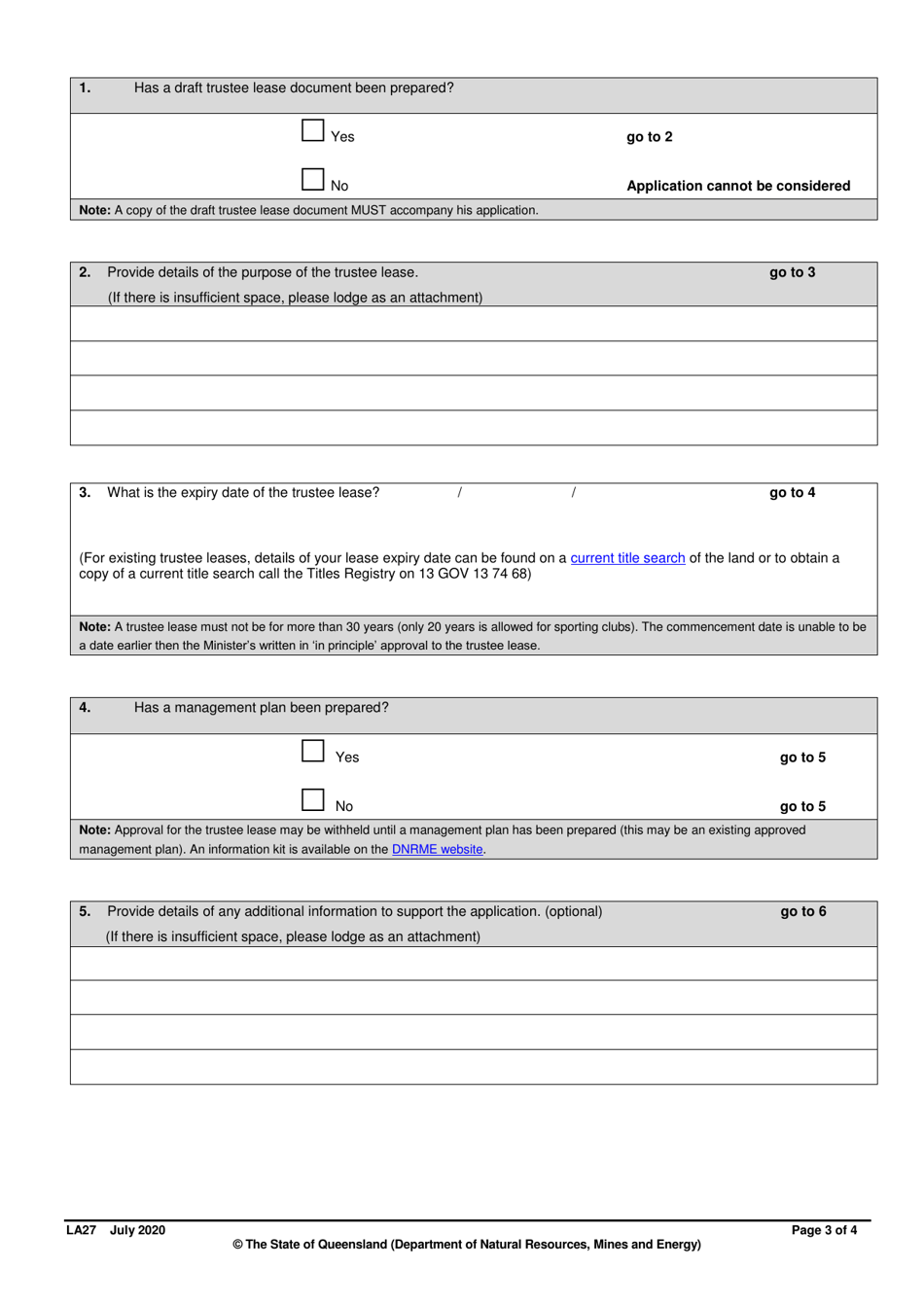 Form LA27 Part B Application for Trustee Lease - Queensland, Australia, Page 3