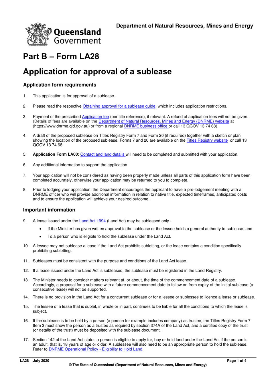 Form LA28 Part B Application for Approval of a Sublease - Queensland, Australia, Page 1