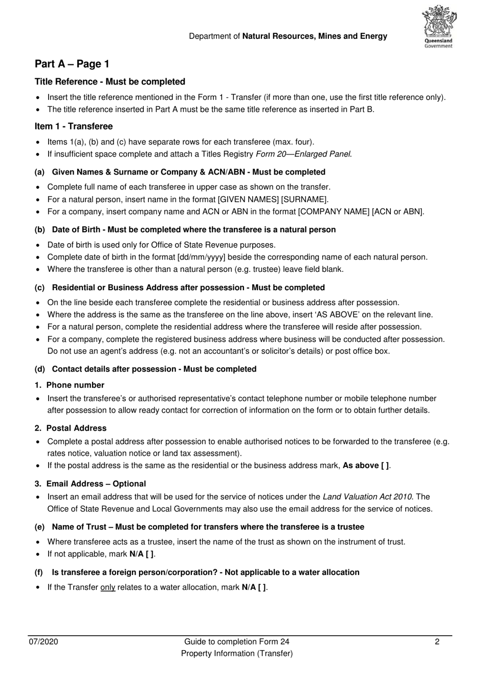 Instructions for Form 24 Property Information (Transfer) - Queensland, Australia, Page 2