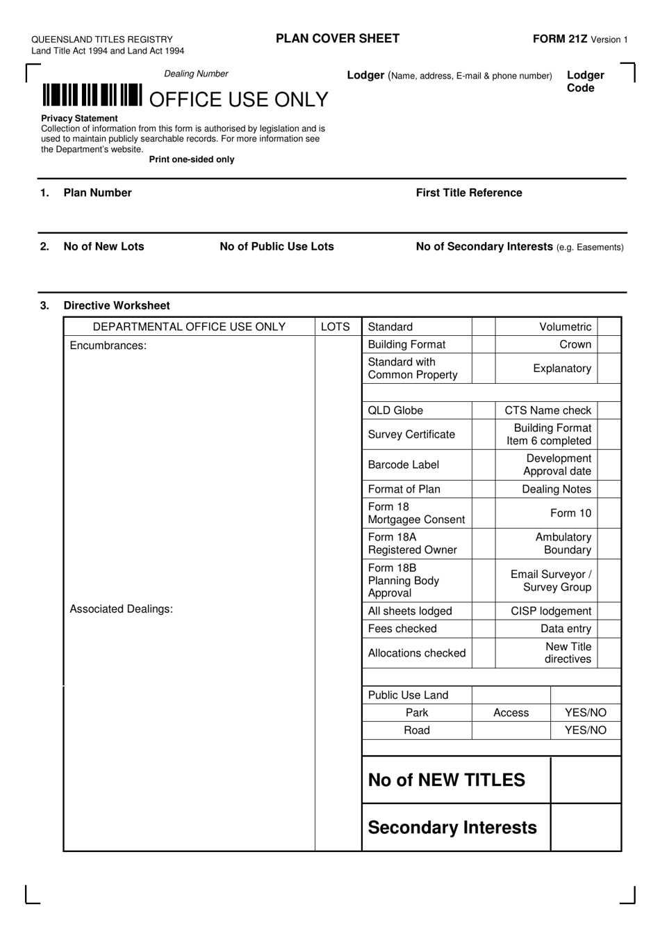 Form 21Z Plan Cover Sheet - Queensland, Australia, Page 1