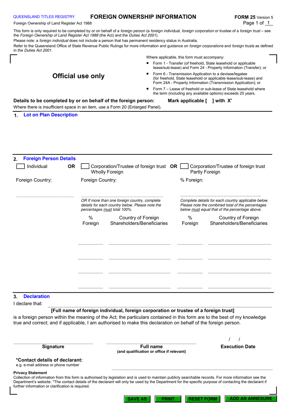 Form 25 Foreign Ownership Information - Queensland, Australia, Page 1