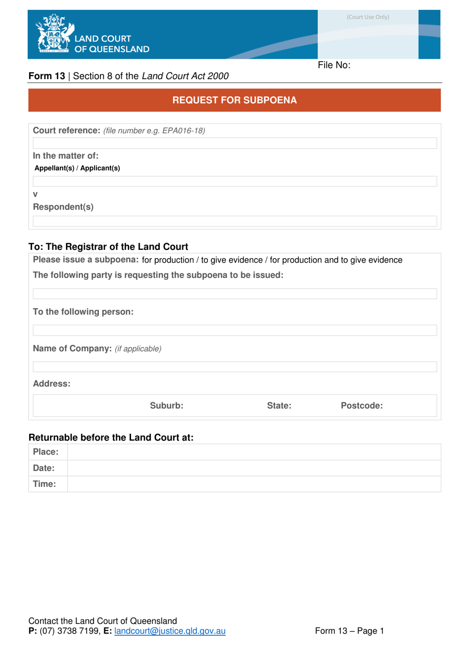 Form 13 Request for Subpoena - Queensland, Australia, Page 1