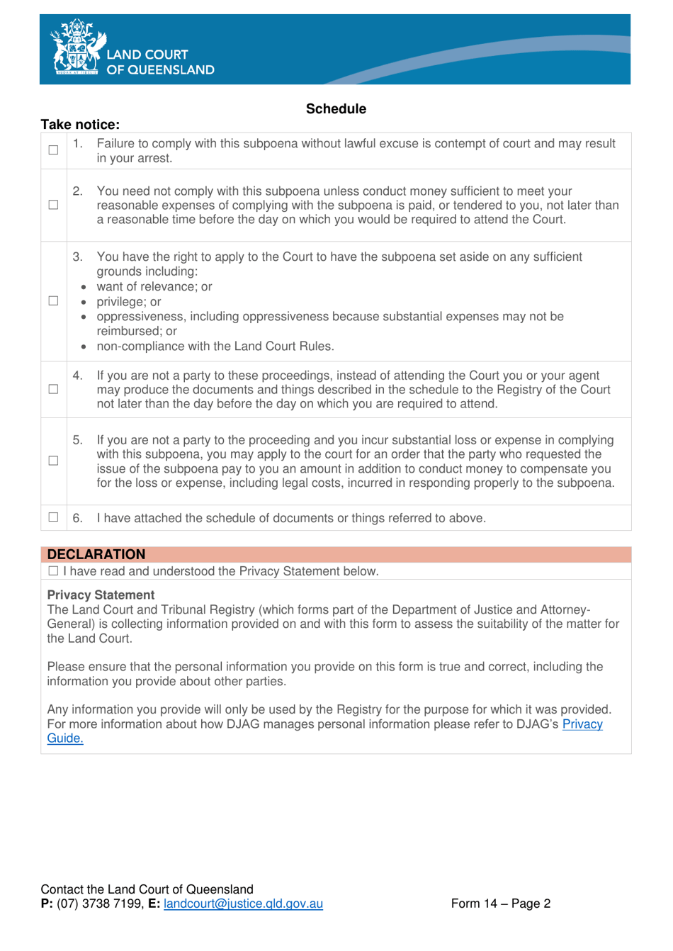 Form 14 Subpoena for Production and / or Give Evidence - Queensland, Australia, Page 2