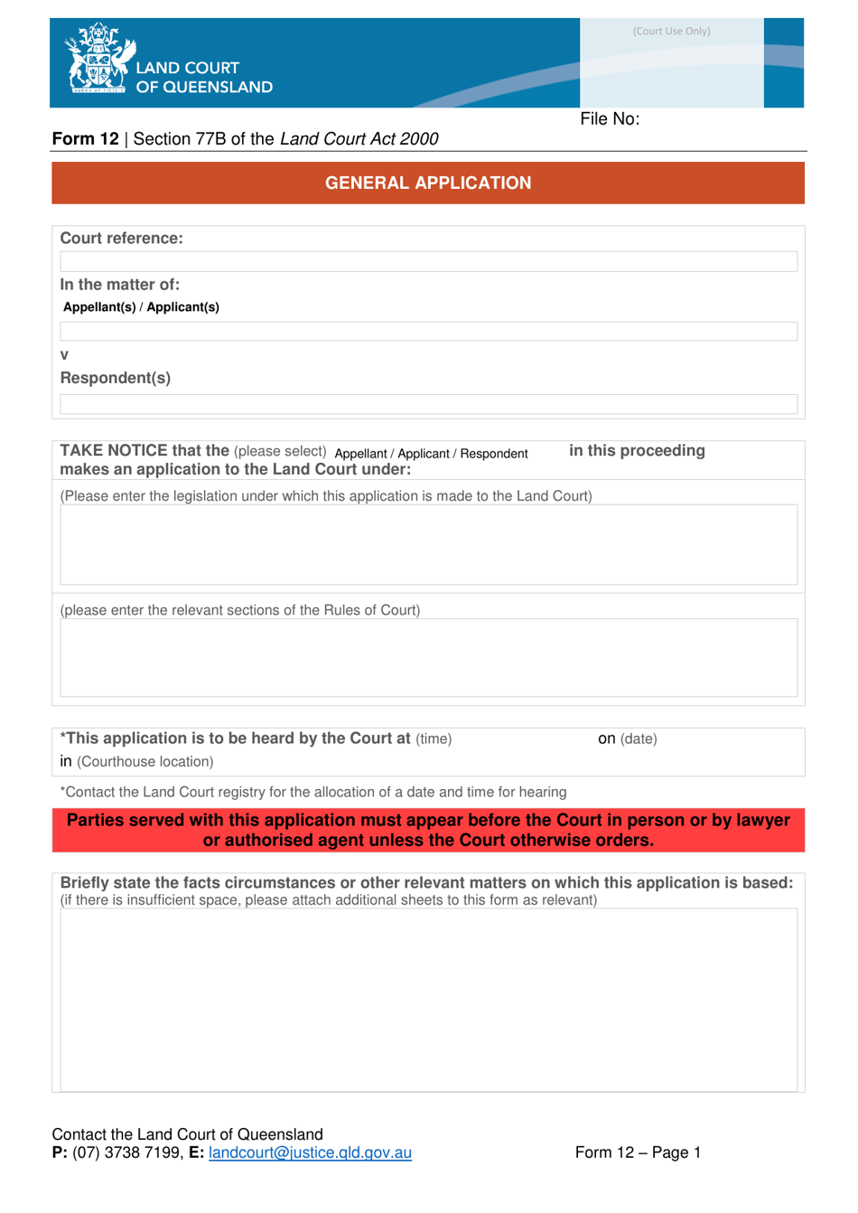 Form 12 General Application - Queensland, Australia, Page 1