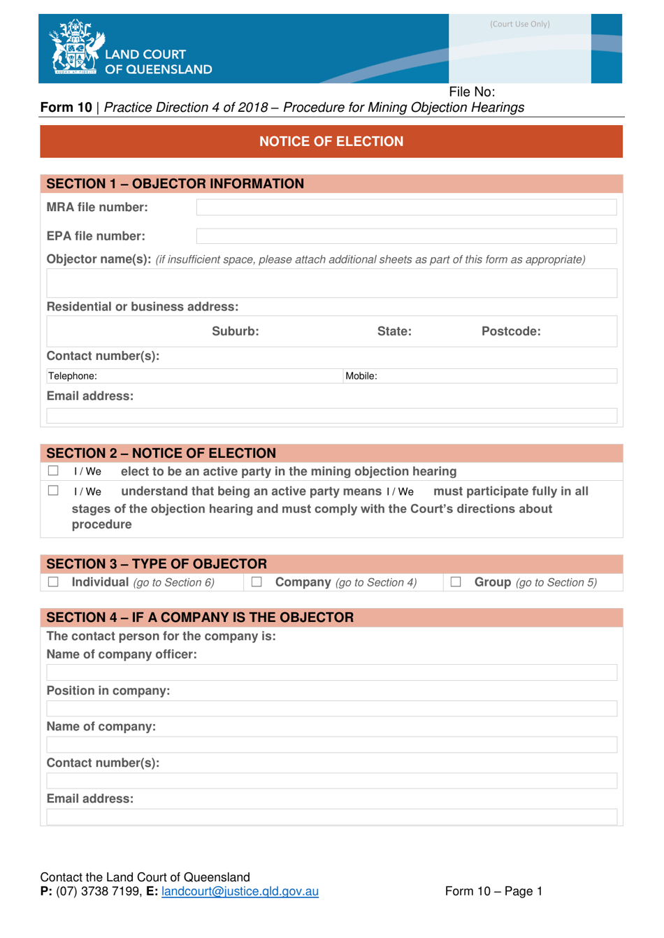 Form 10 Notice of Election - Queensland, Australia, Page 1