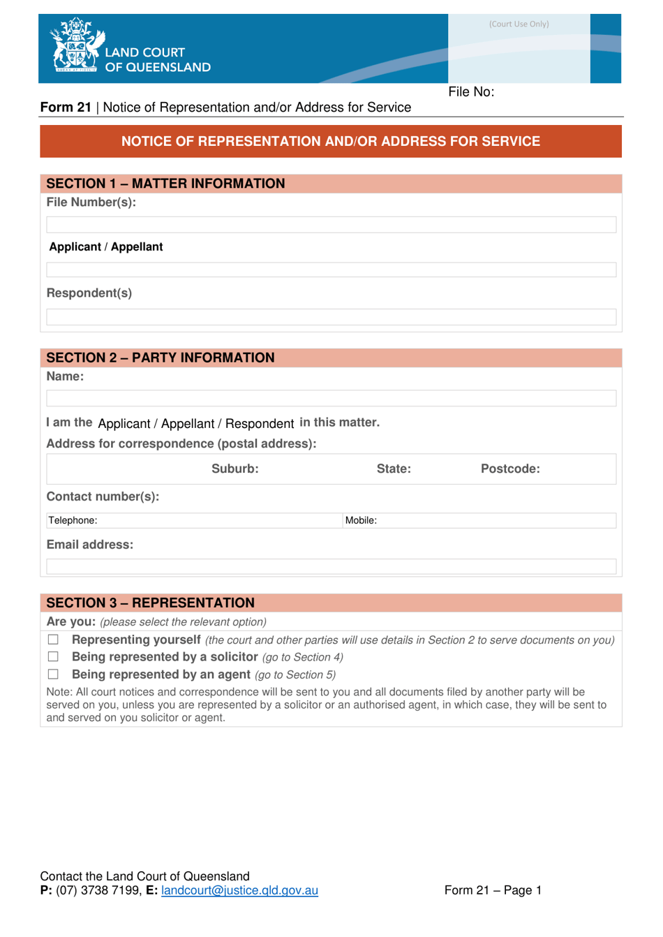 Form 21 Notice of Representation and / or Address for Service - Queensland, Australia, Page 1
