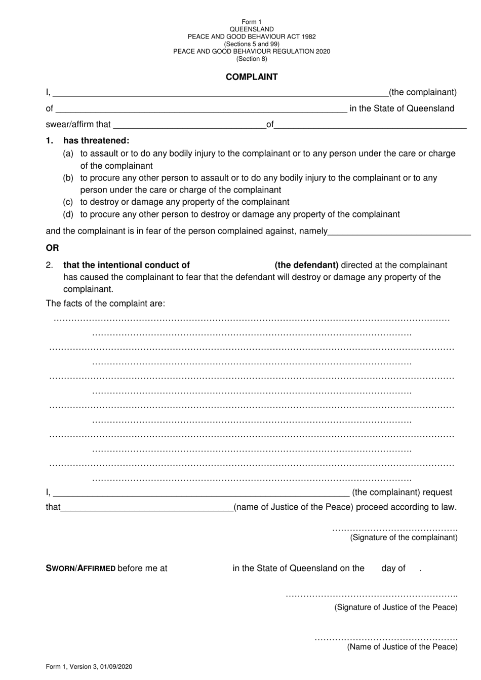 Form 1 Download Printable PDF or Fill Online Complaint, Queensland ...