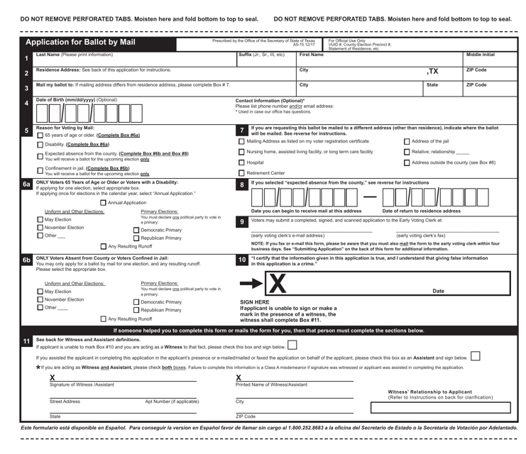 Form A5-15 Application for Ballot by Mail - Texas