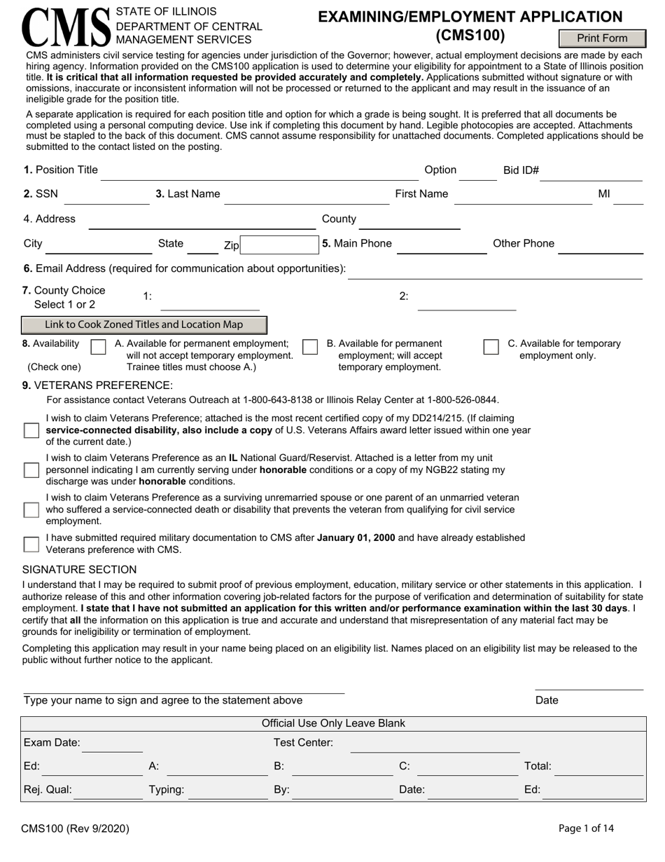 Form CMS100 Examining / Employment Application - Illinois, Page 1