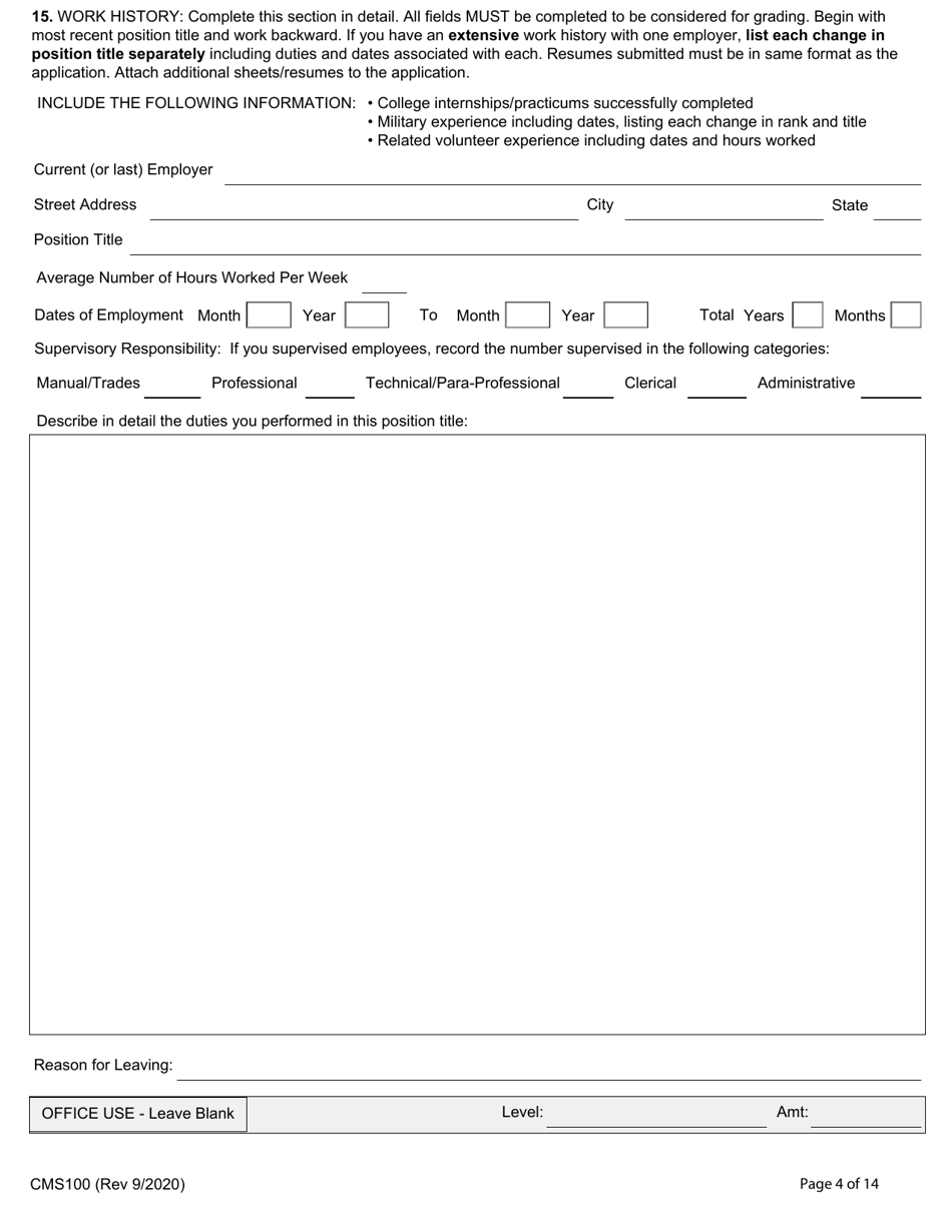 Form CMS100 Examining / Employment Application - Illinois, Page 4