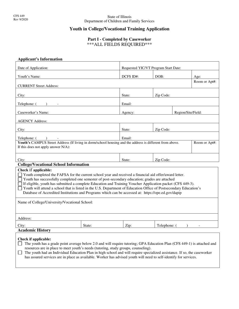 Form CFS449 Youth in College / Vocational Training Application - Illinois, Page 1