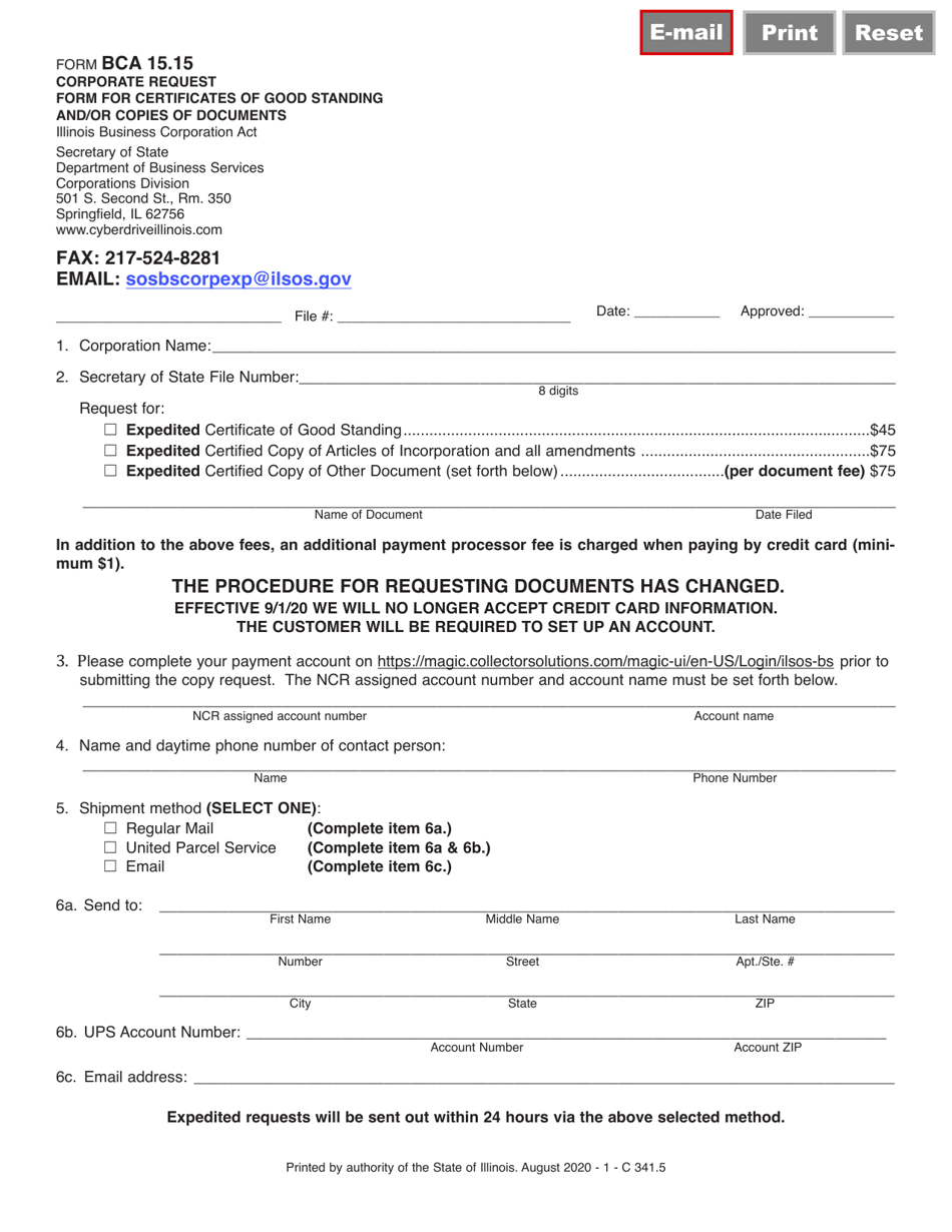 Form BCA15.15 Corporate Request Form for Certificates of Good Standing and/or Copies of Documents - Illinois, Page 1