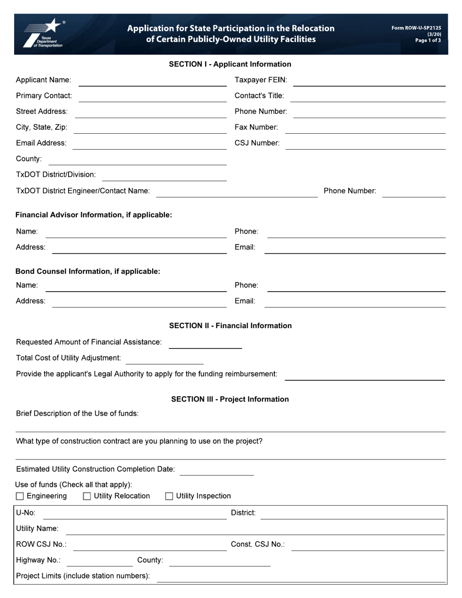 Form ROW-U-SP2125 Application for State Participation in the Relocation of Certain Publicly-Owned Utility Facilities - Texas, Page 1